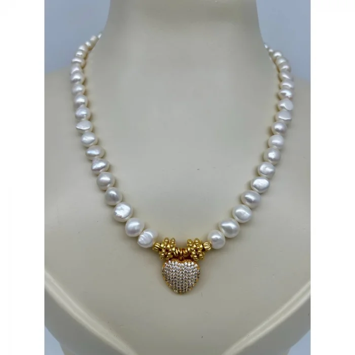 İnci Zirkon Kalp Uçlu Kolye