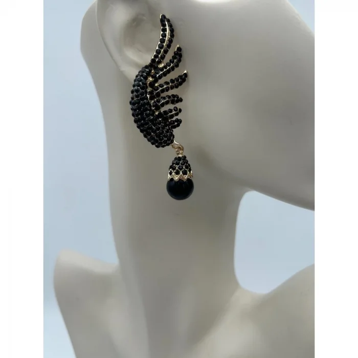 Siyah Zirkon Taşlı Yelpaze Model Küpe