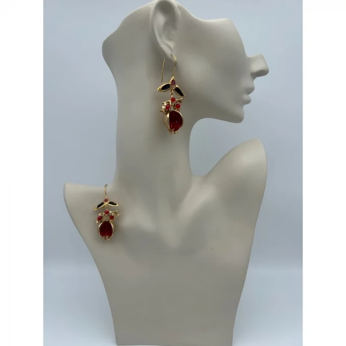 Kristal Kesim Kırmızı doğal Taşlı Nar Tasarım Küpe