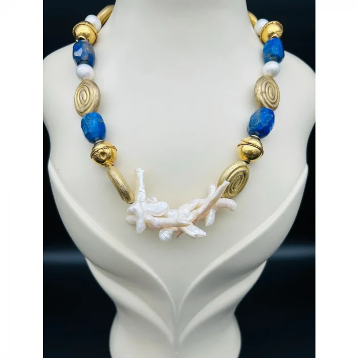 Lapis Lazuli İnci Antik Kolye ve Küpe