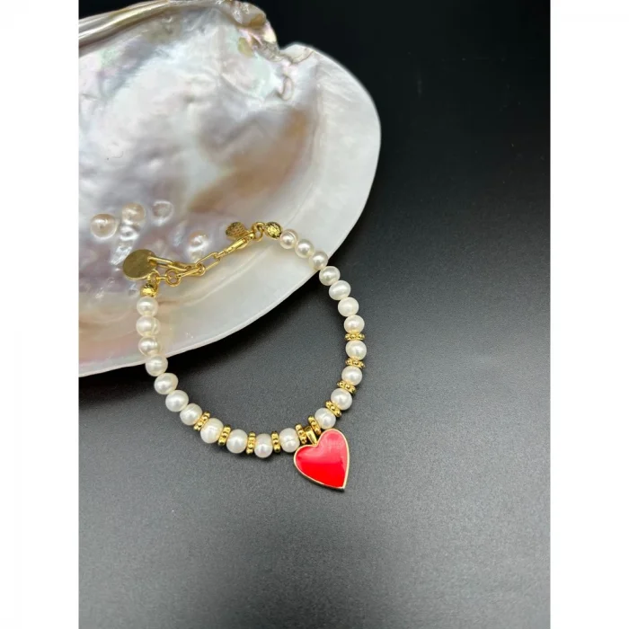 İnci Çift Renkli Kalp Bileklik