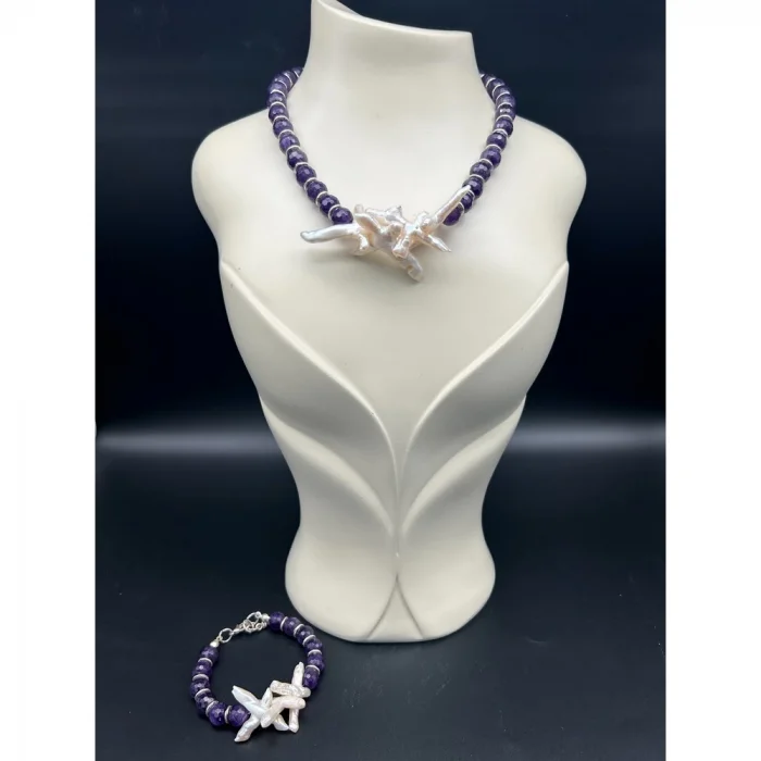 Barok İnci Ametist Kolye ve Bileklik Set
