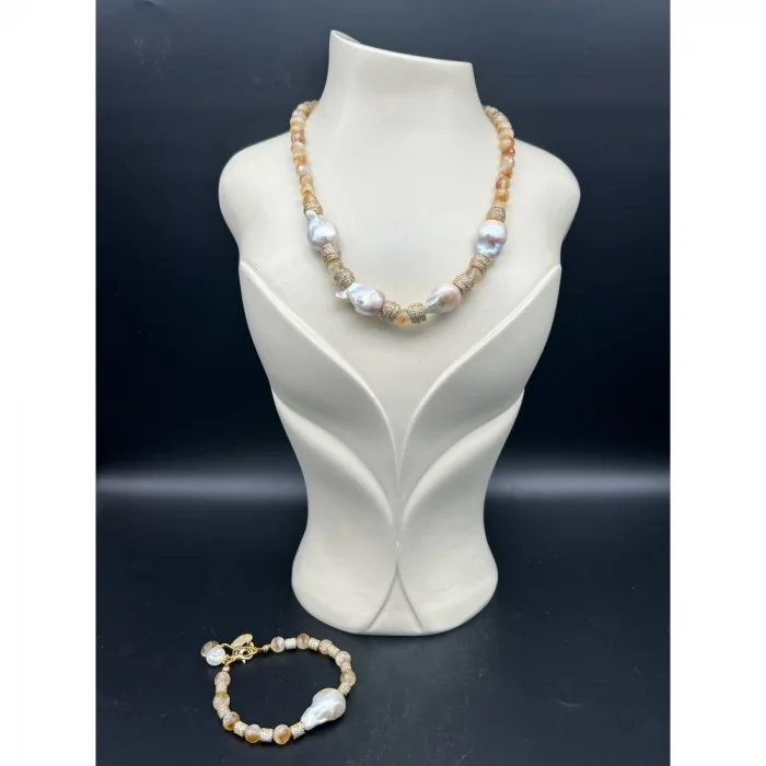 Barok İnci Sitrin Kolye ve Bileklik Set