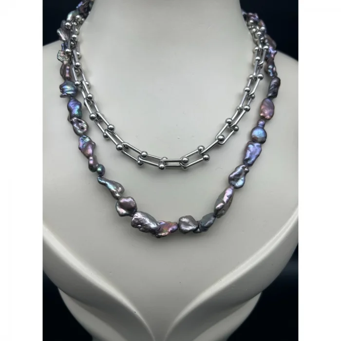 Antrasit İnci Tiffany Zincir Kolye