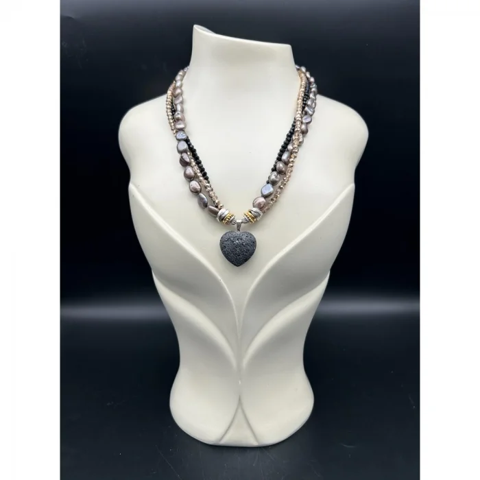 Antrasit İnci Kristal Boncuk Lav Taşlı Kalp Uçlu Kolye