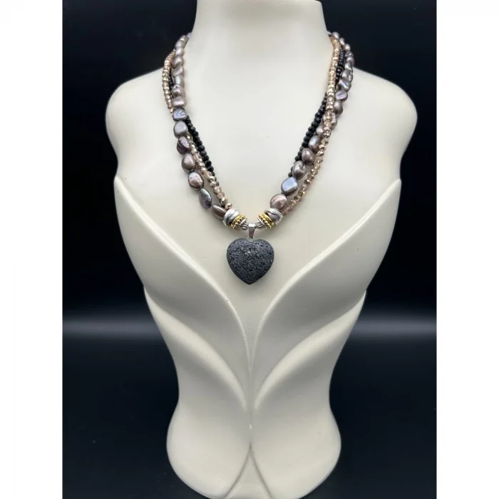 Antrasit İnci Kristal Boncuk Lav Taşlı Kalp Uçlu Kolye