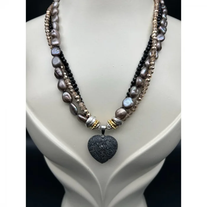Antrasit İnci Kristal Boncuk Lav Taşlı Kalp Uçlu Kolye