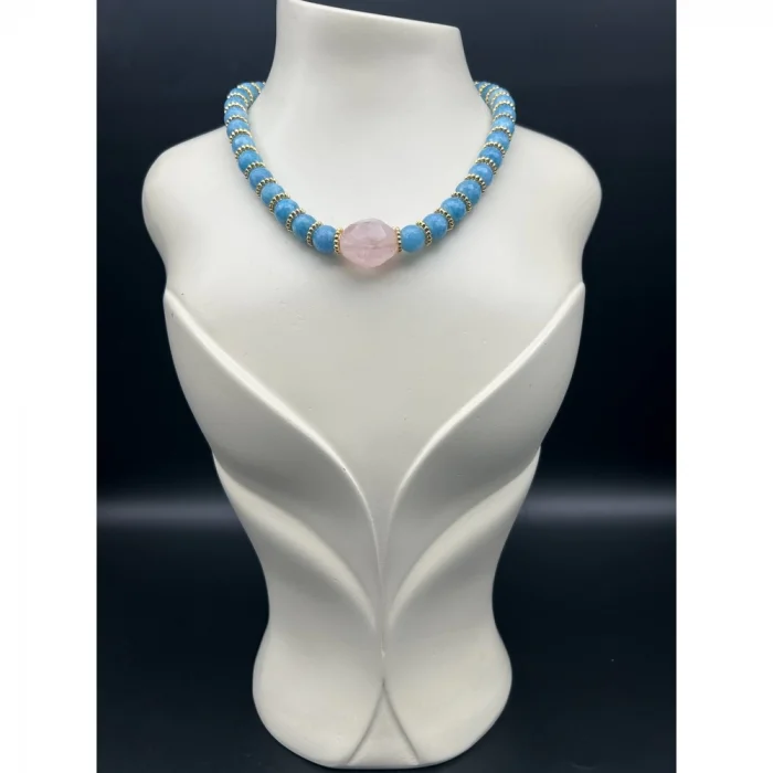 Pembe Kuvars Mavi Kuvars Kolye ve Bileklik Set