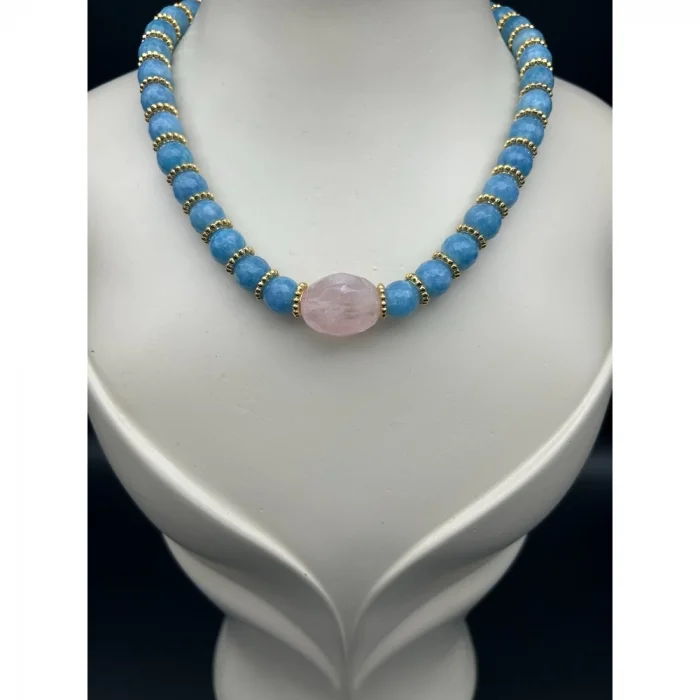 Pembe Kuvars Mavi Kuvars Kolye ve Bileklik Set