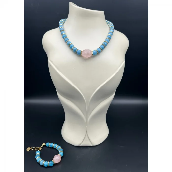 Pembe Kuvars Mavi Kuvars Kolye ve Bileklik Set