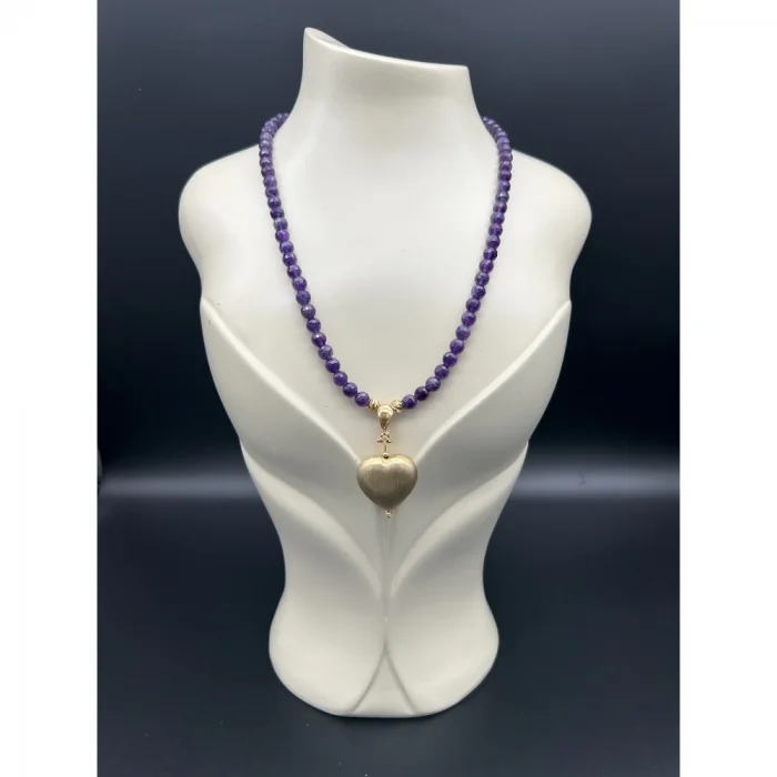 Ametist Eskitme Kalp Uçlu Kolye