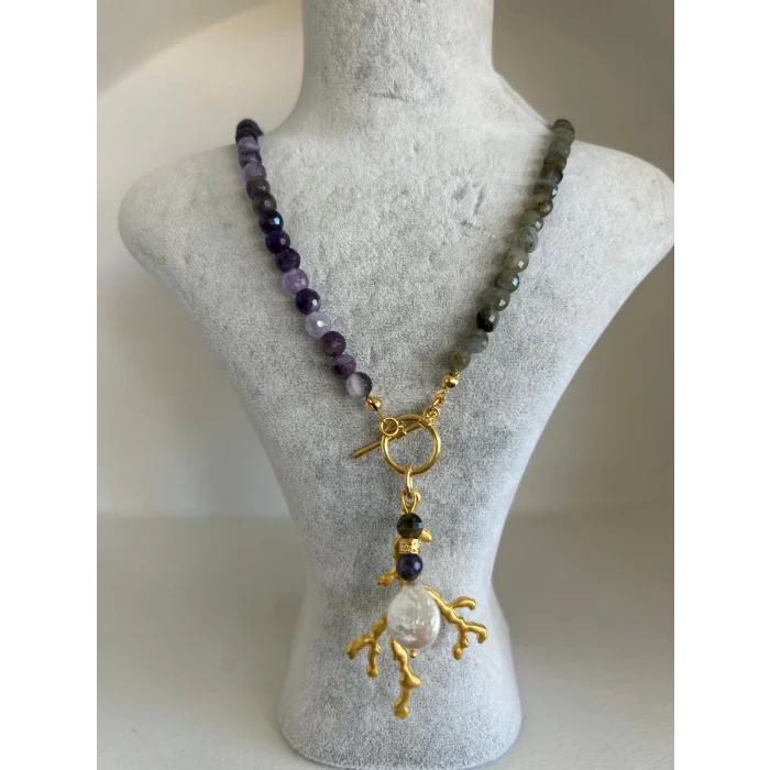 Ametist Labradorit Gold Kolye