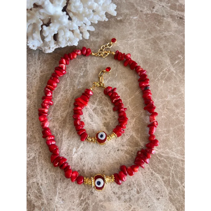Mercan Nazar Boncuk Kolye ve Bileklik Set
