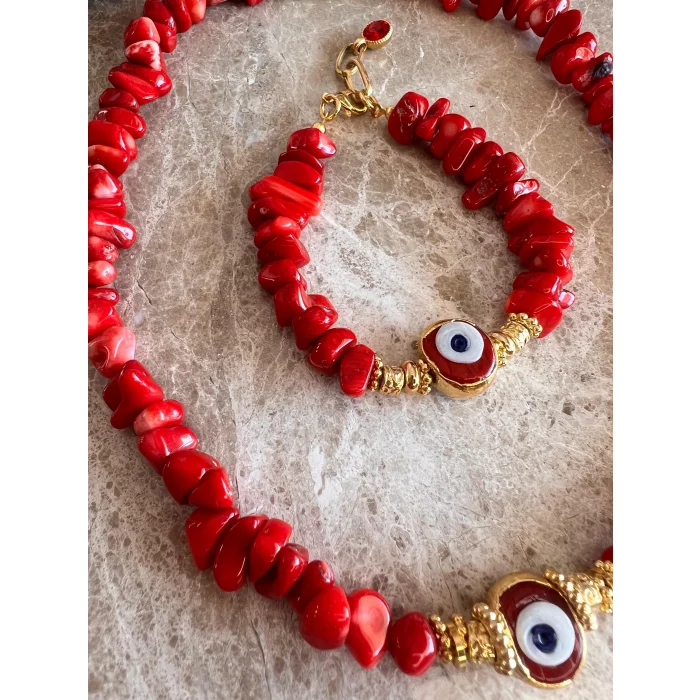 Mercan Nazar Boncuk Kolye ve Bileklik Set