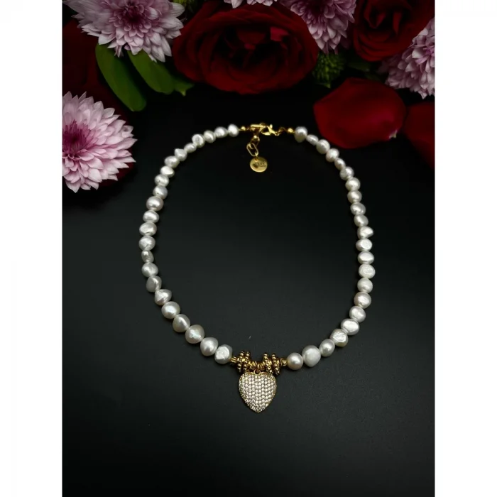 İnci Zirkon Kalp Uçlu Kolye