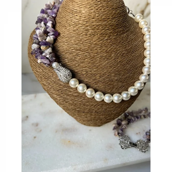 Kırık Ametist İnci Kolye Bileklik Set