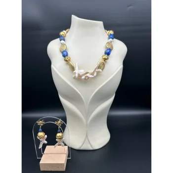 Lapis Lazuli İnci Antik Kolye ve Küpe