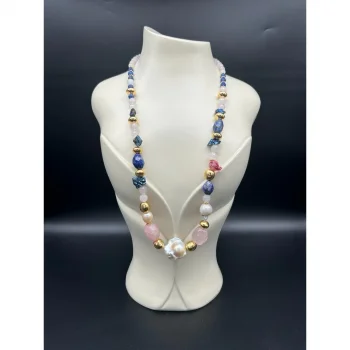 İnci Lapislazuli Pembe Kuvars Druze Kristal Gold Kolye