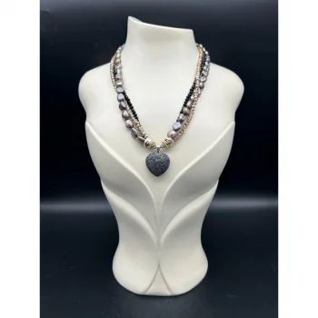 Antrasit İnci Kristal Boncuk Lav Taşlı Kalp Uçlu Kolye