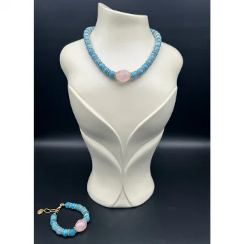 Pembe Kuvars Mavi Kuvars Kolye ve Bileklik Set