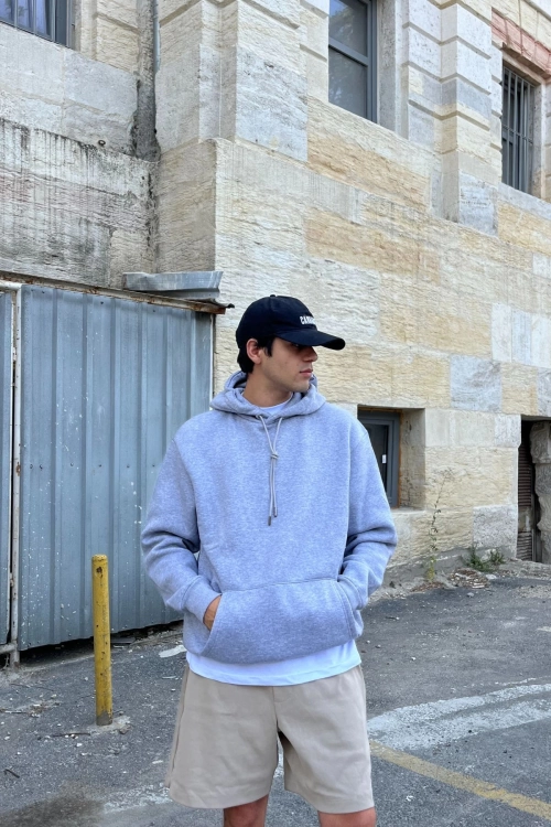 Arka Baskılı Oversize Kapşonlu Sweatshirt - Gri