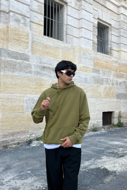 Arka Baskılı Oversize Kapşonlu Sweatshirt - Haki