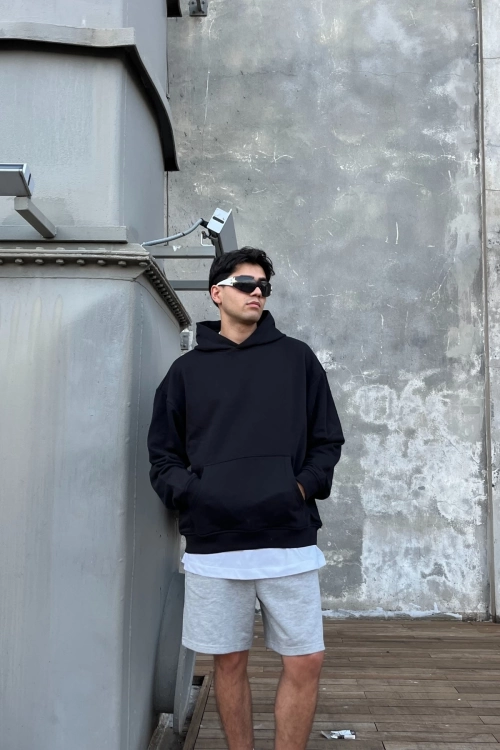 Premium Basic Kapşonlu Oversize Sweatshirt - Siyah