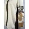 MY312 Bej Renk Kolları Nakışlı Taşlı Gömlek