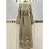 NUSS Krem Renk Keten Görünümlü Astarlı Tensel Kumaş Elbise