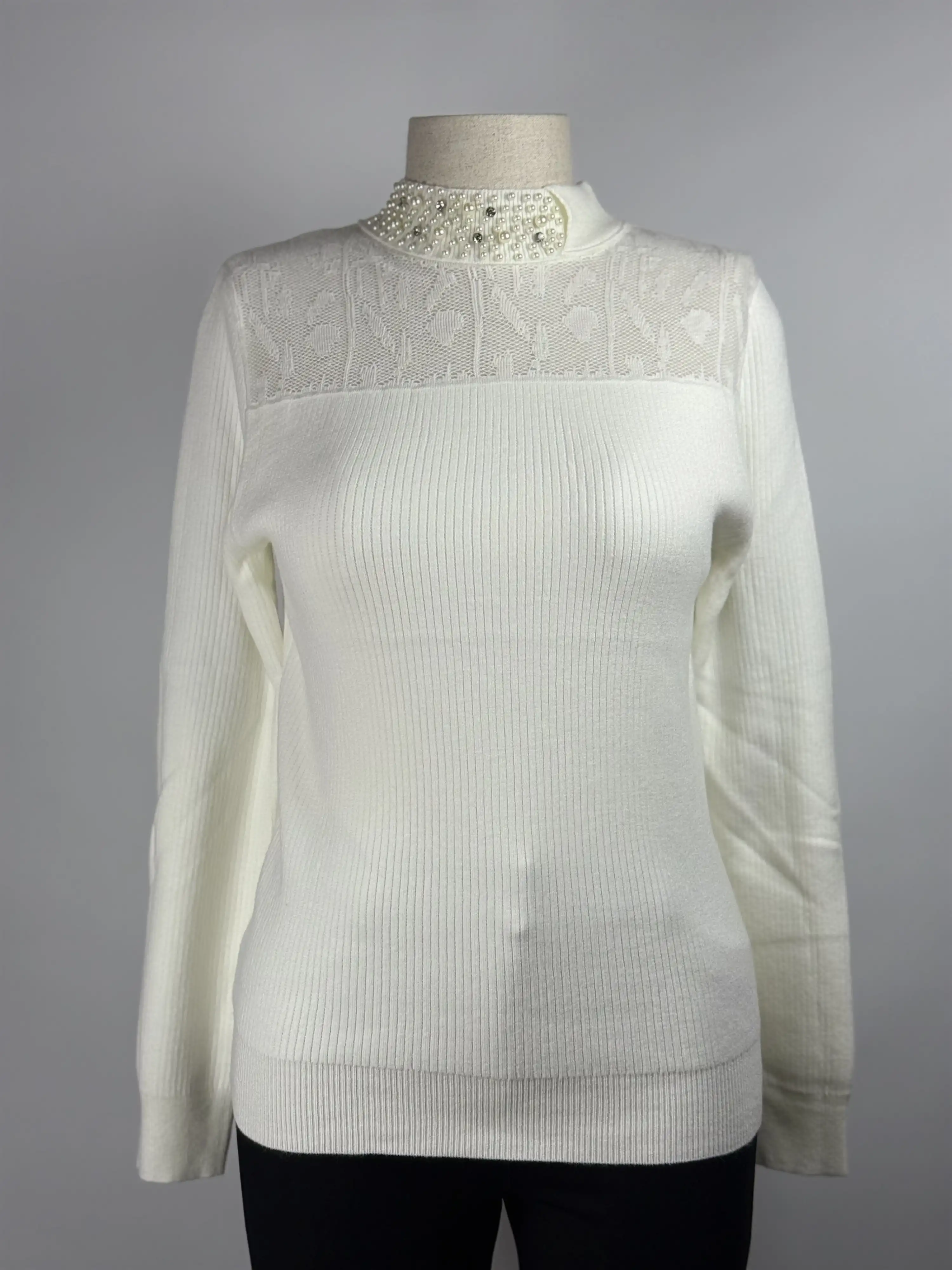 ITALIAN Beyaz Renk Yakası Taşlı Triko Bluz