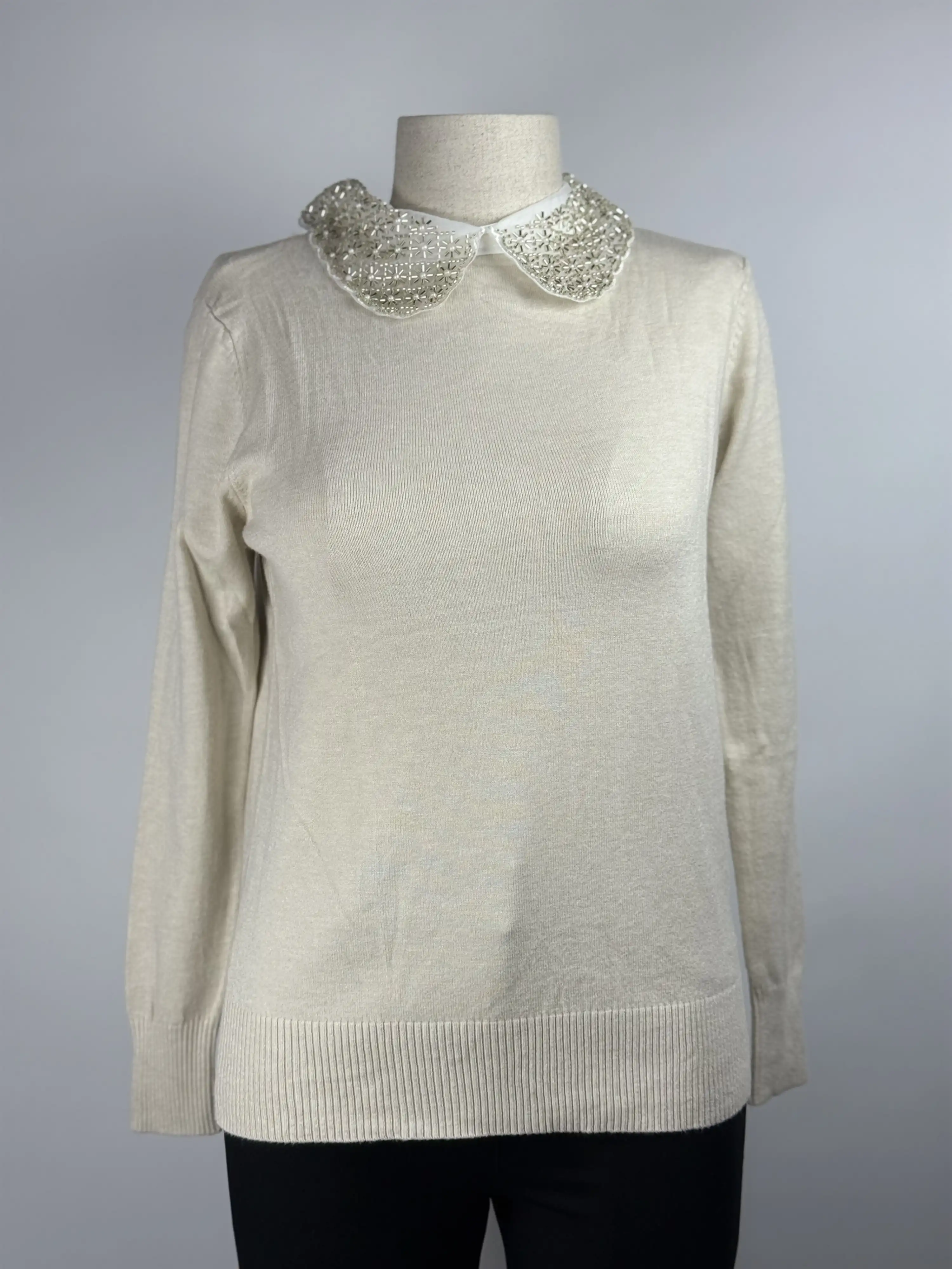 ITALIAN Bej Renk Boncuk Yakalı Triko Bluz