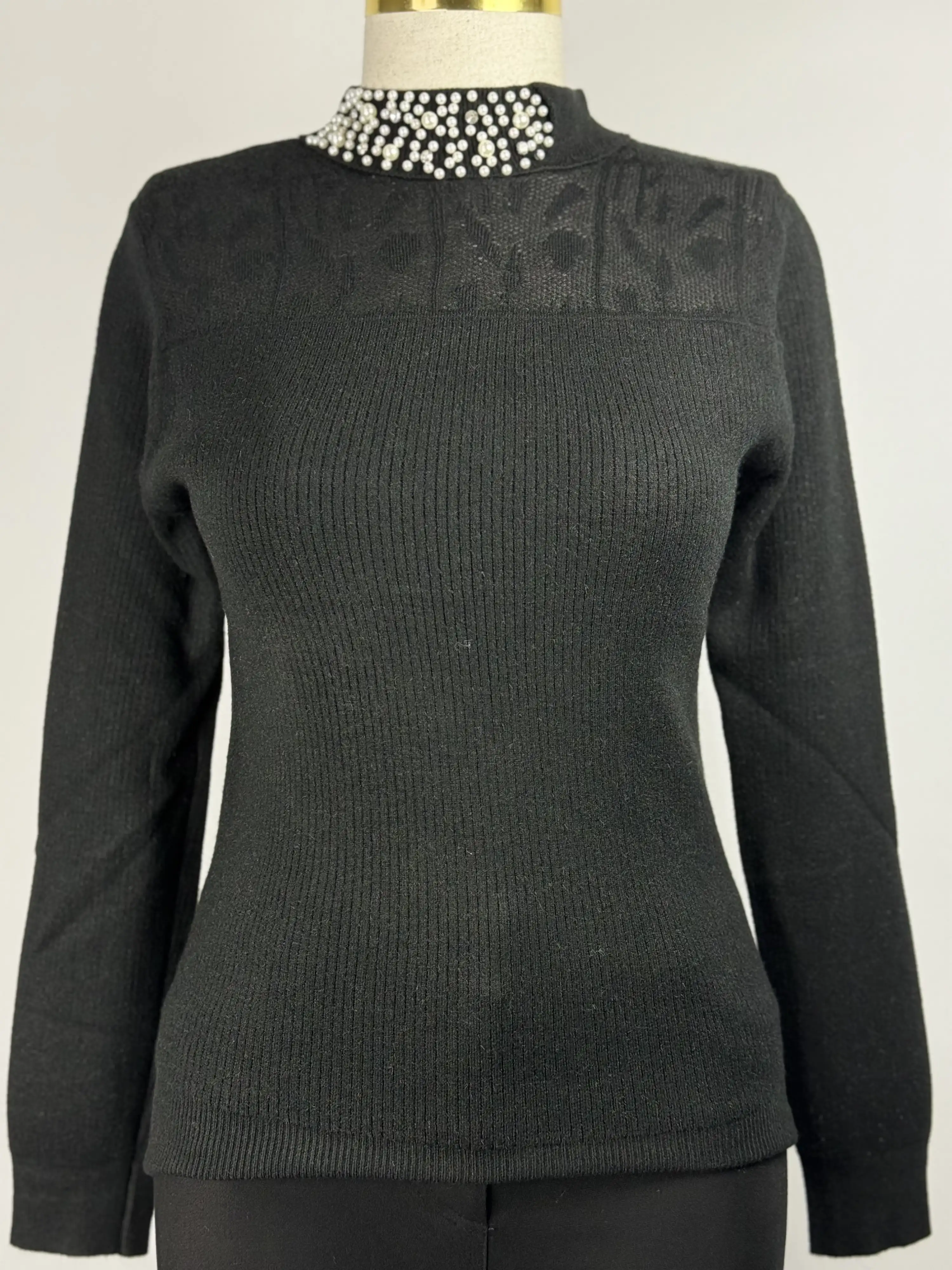 ITALIAN Siyah Renk Yakası Taşlı Triko Bluz