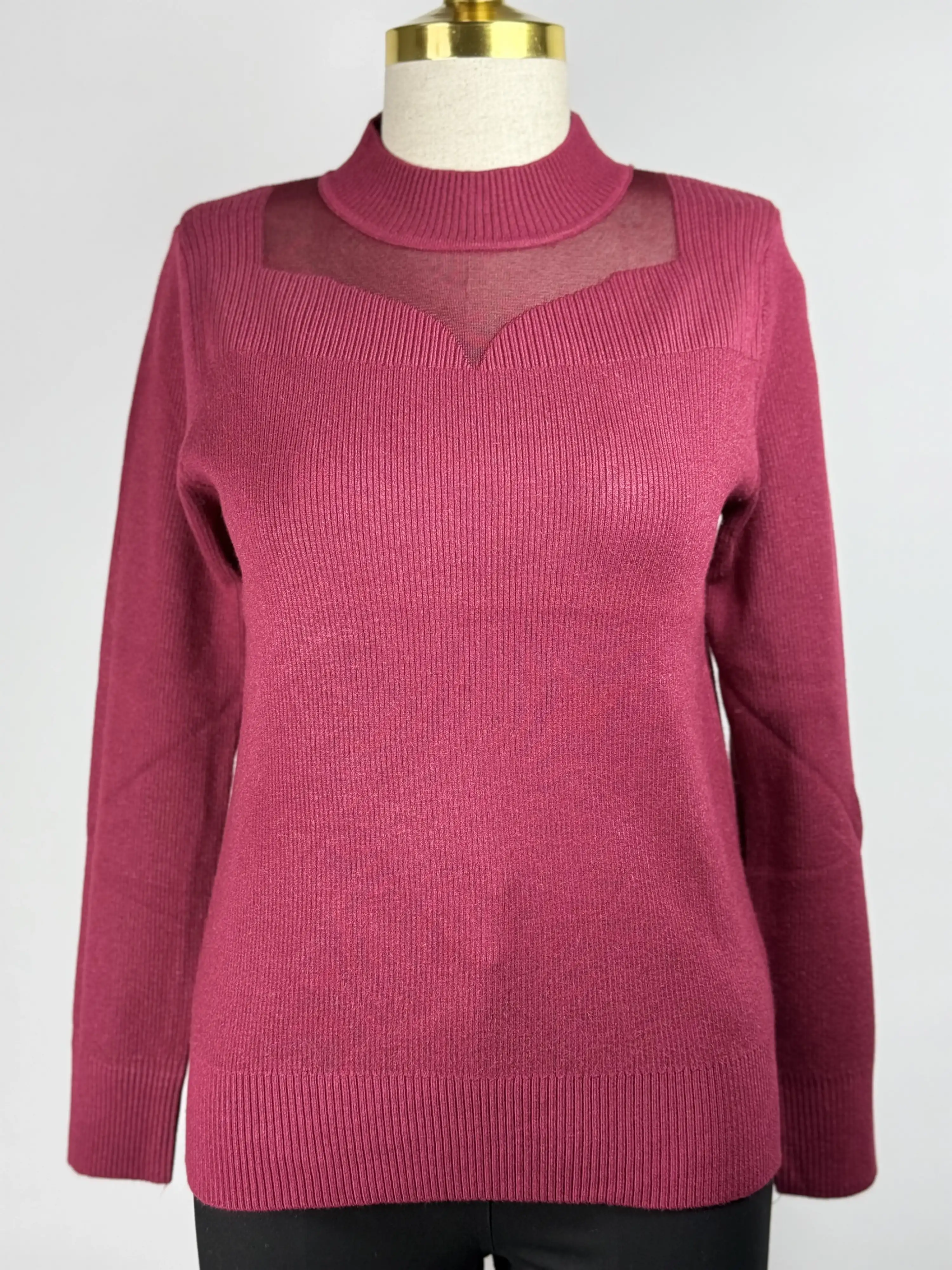 ITALIAN Bordo Renk Yakası Tül Triko Bluz