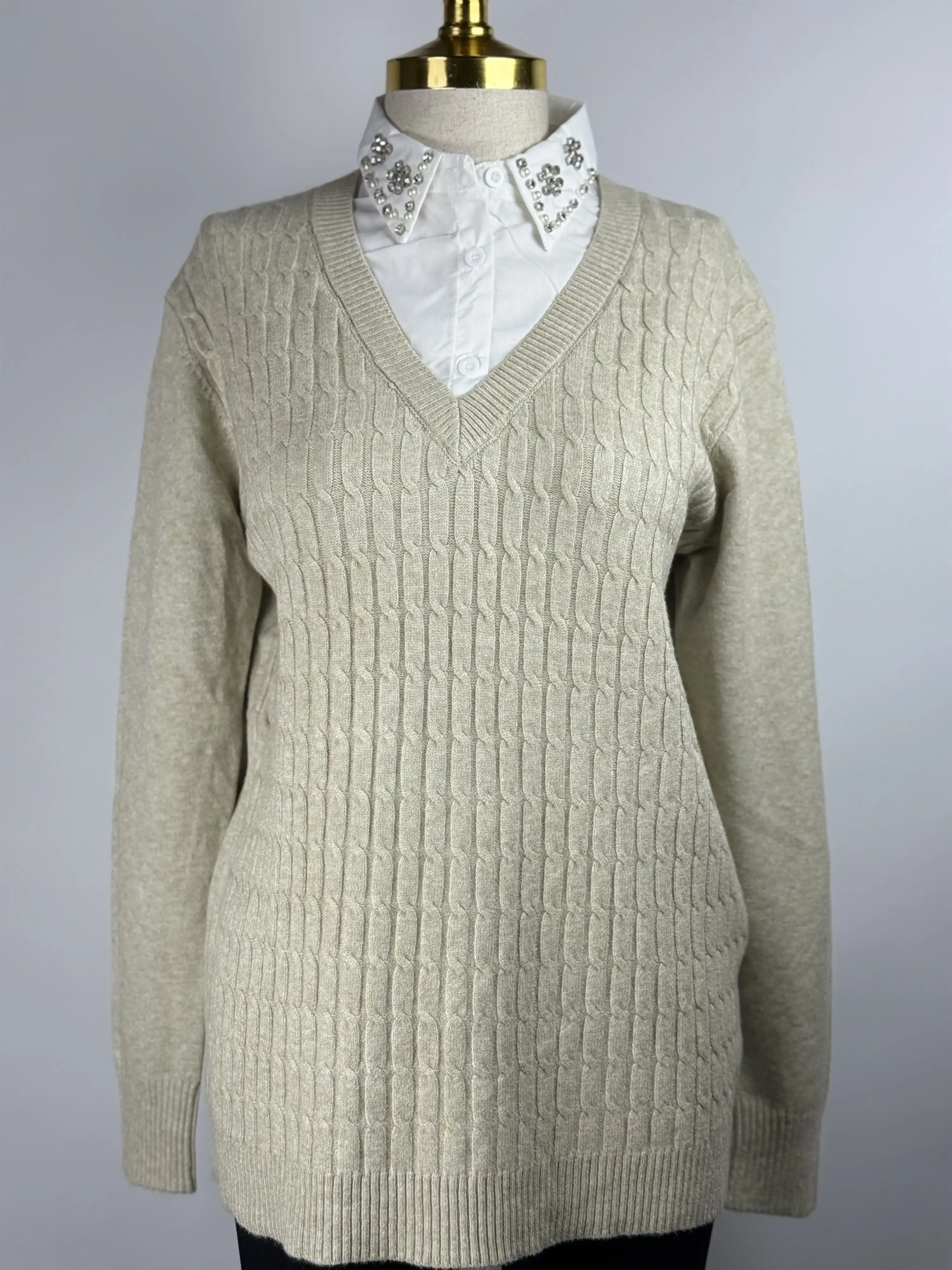 ITALIAN Bej Renk Taşlı Gömlek Yaka Saç Örgülü Kazak