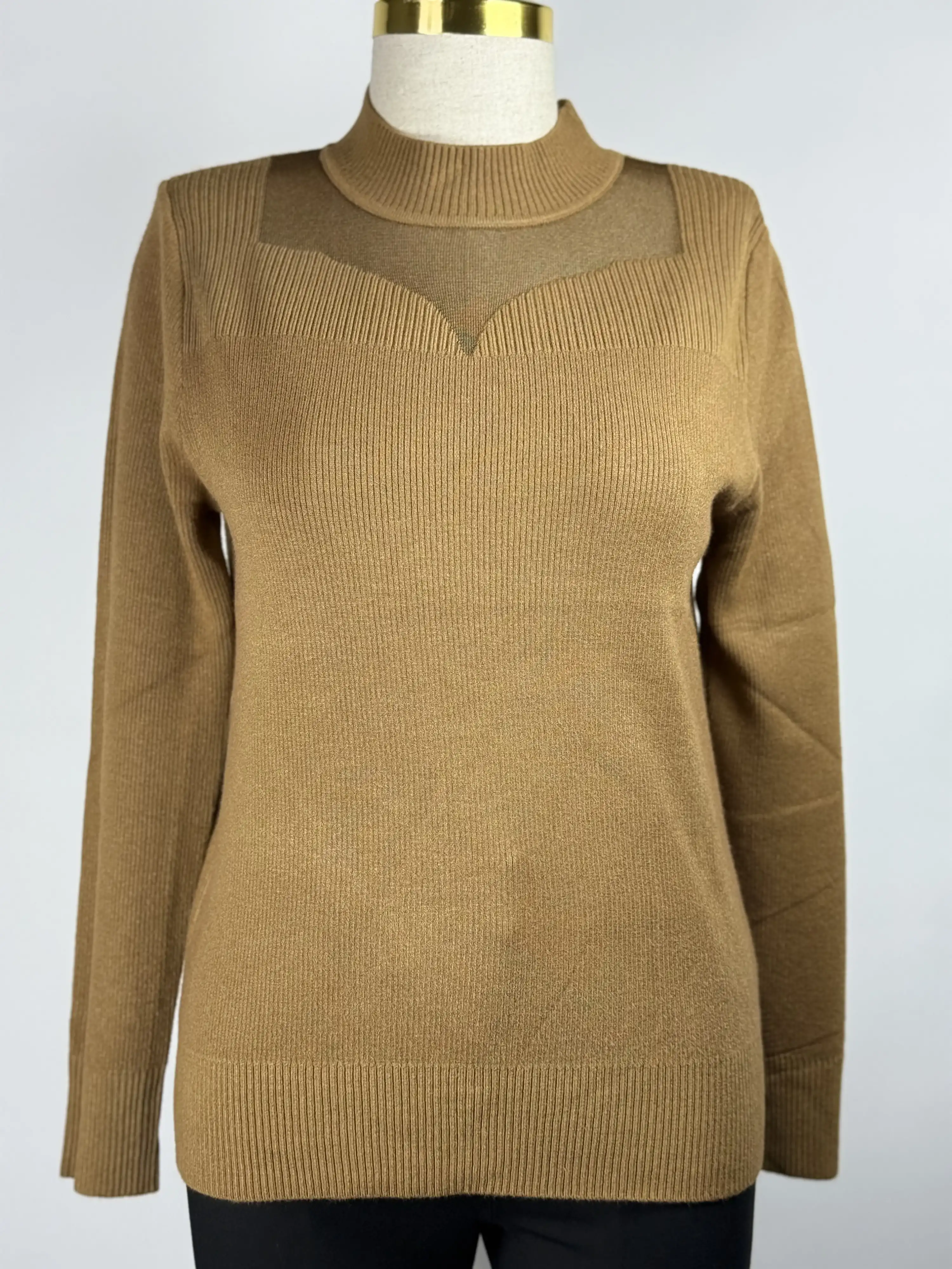 ITALIAN Kahve Renk Yakası Tül Triko Bluz