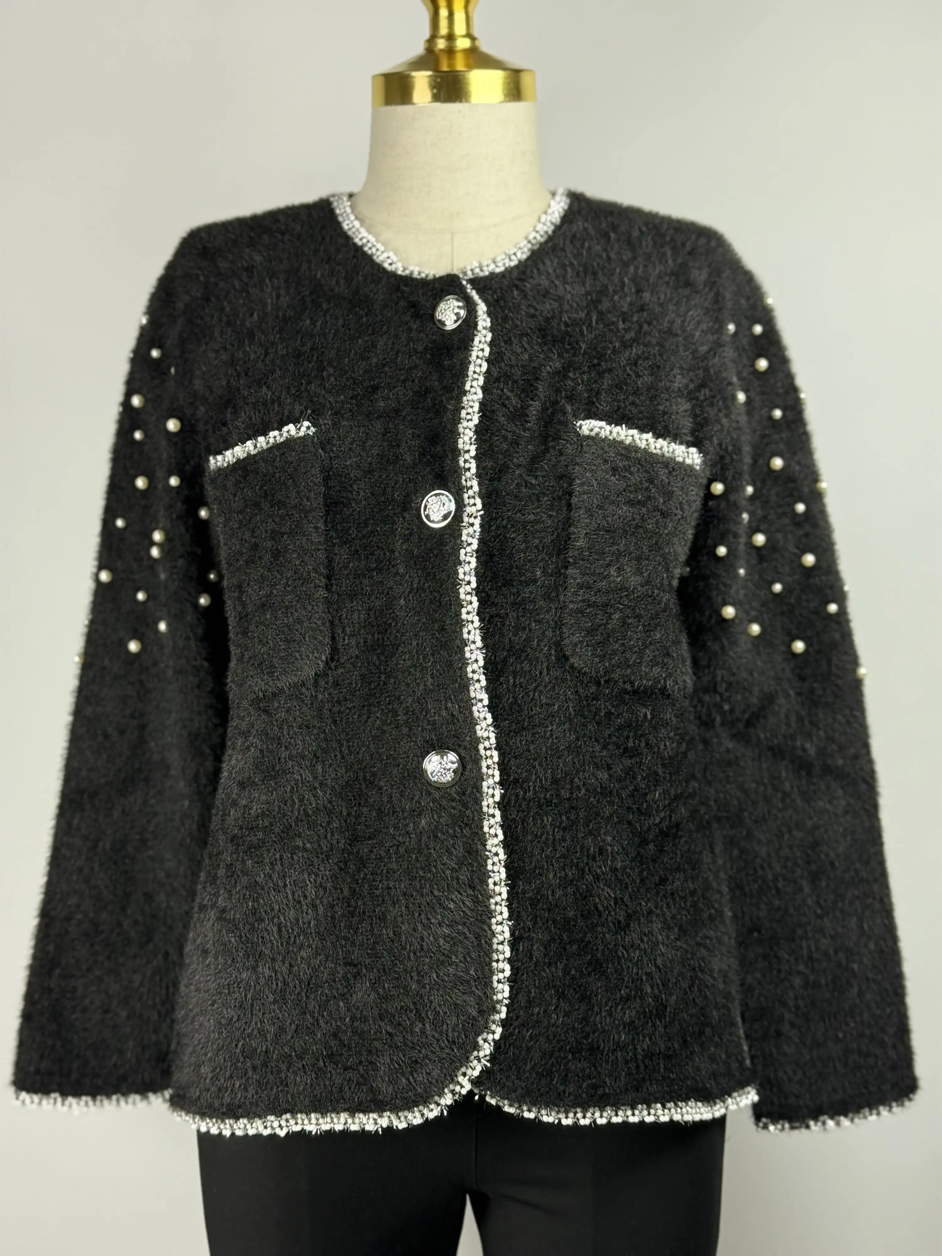 ITALIAN Siyah Renk Kolları İncili Biyeli Şanel Ceket