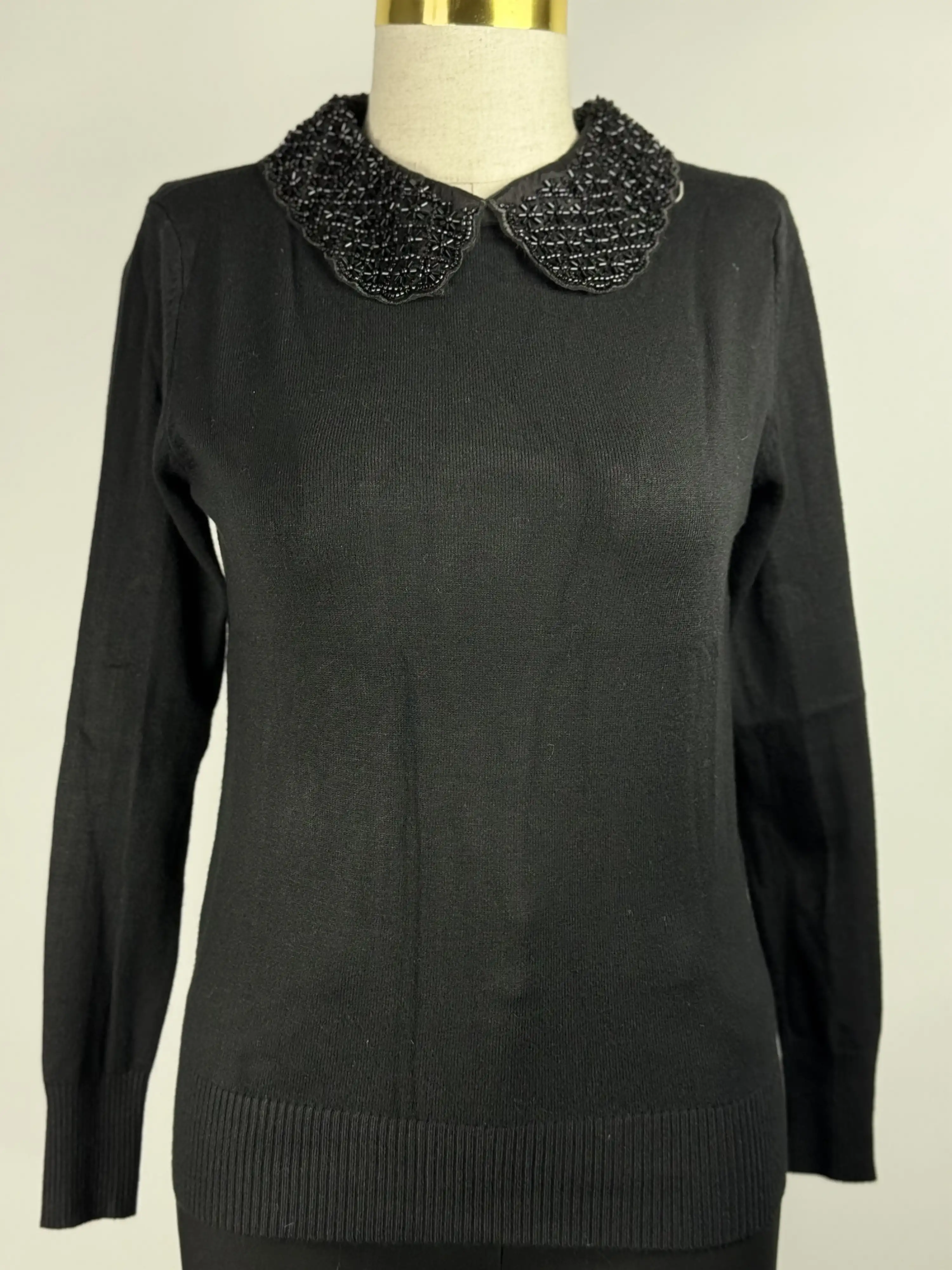 ITALIAN Siyah Renk Boncuk Yakalı Triko Bluz