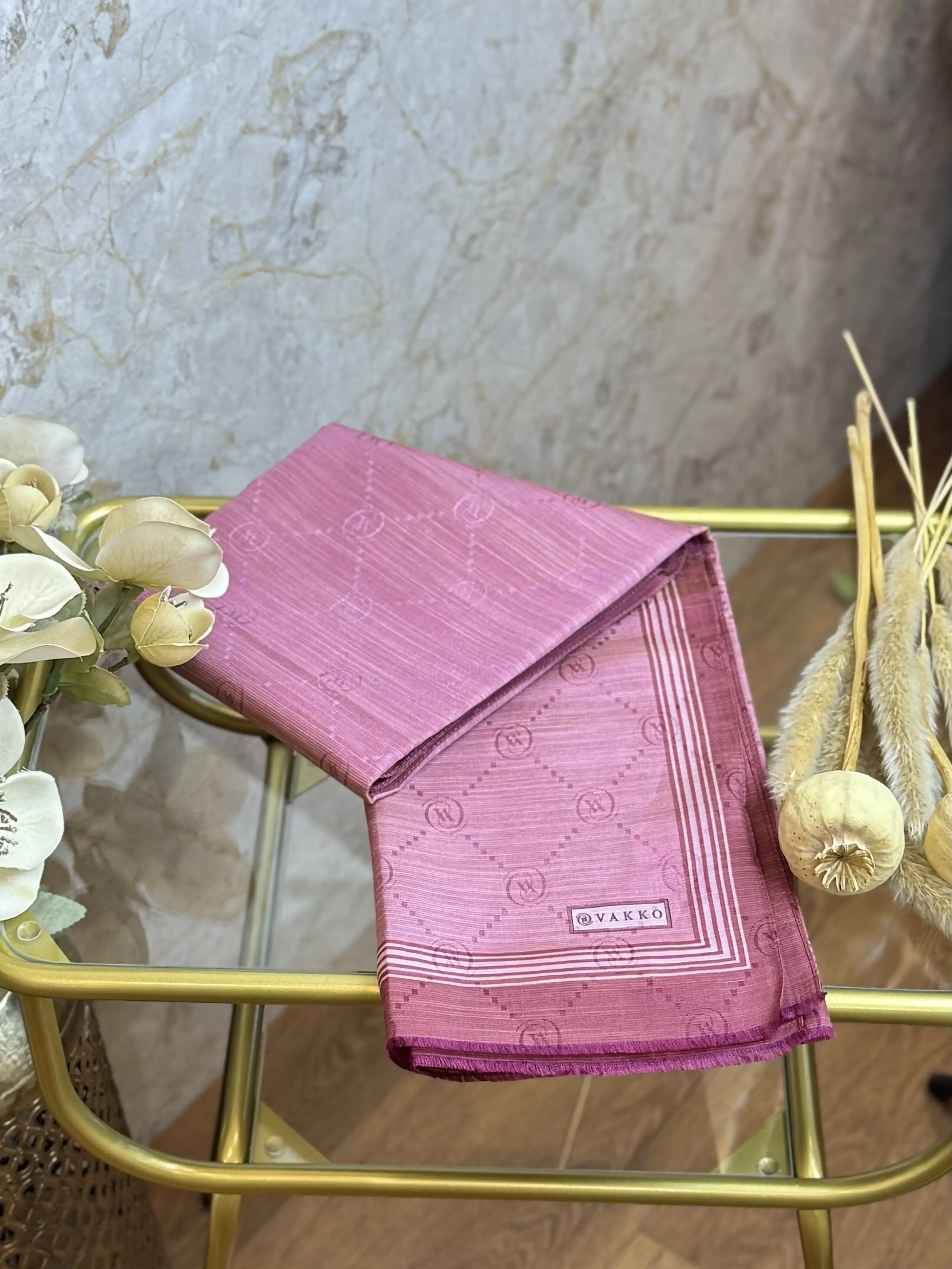 VAKKO Gül Kurusu Renk Monogram Pamuk İpek Bordürlü Şal