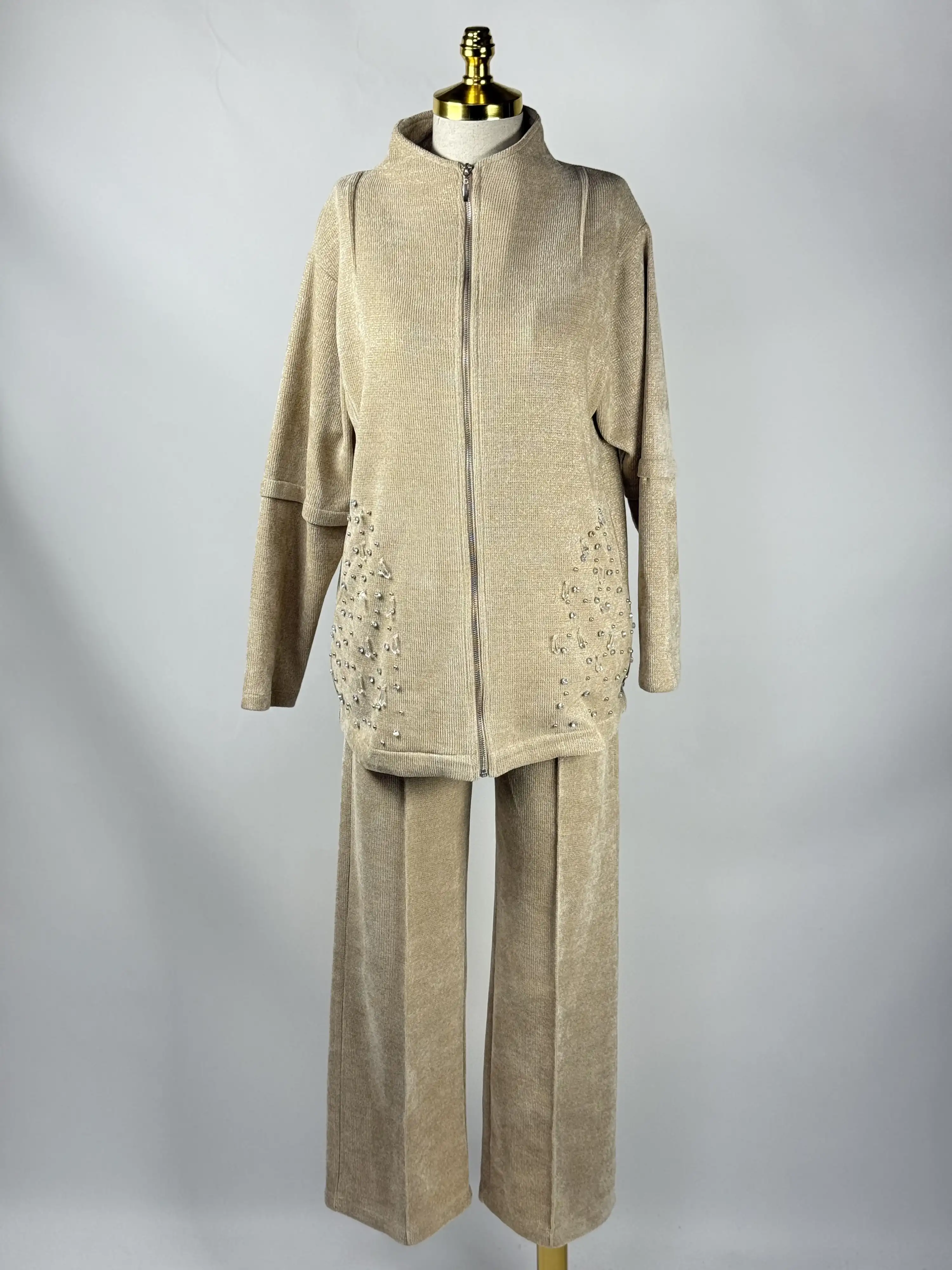 MY312 Bej Renk Taşlı Detaylı Fermuarlı Takım