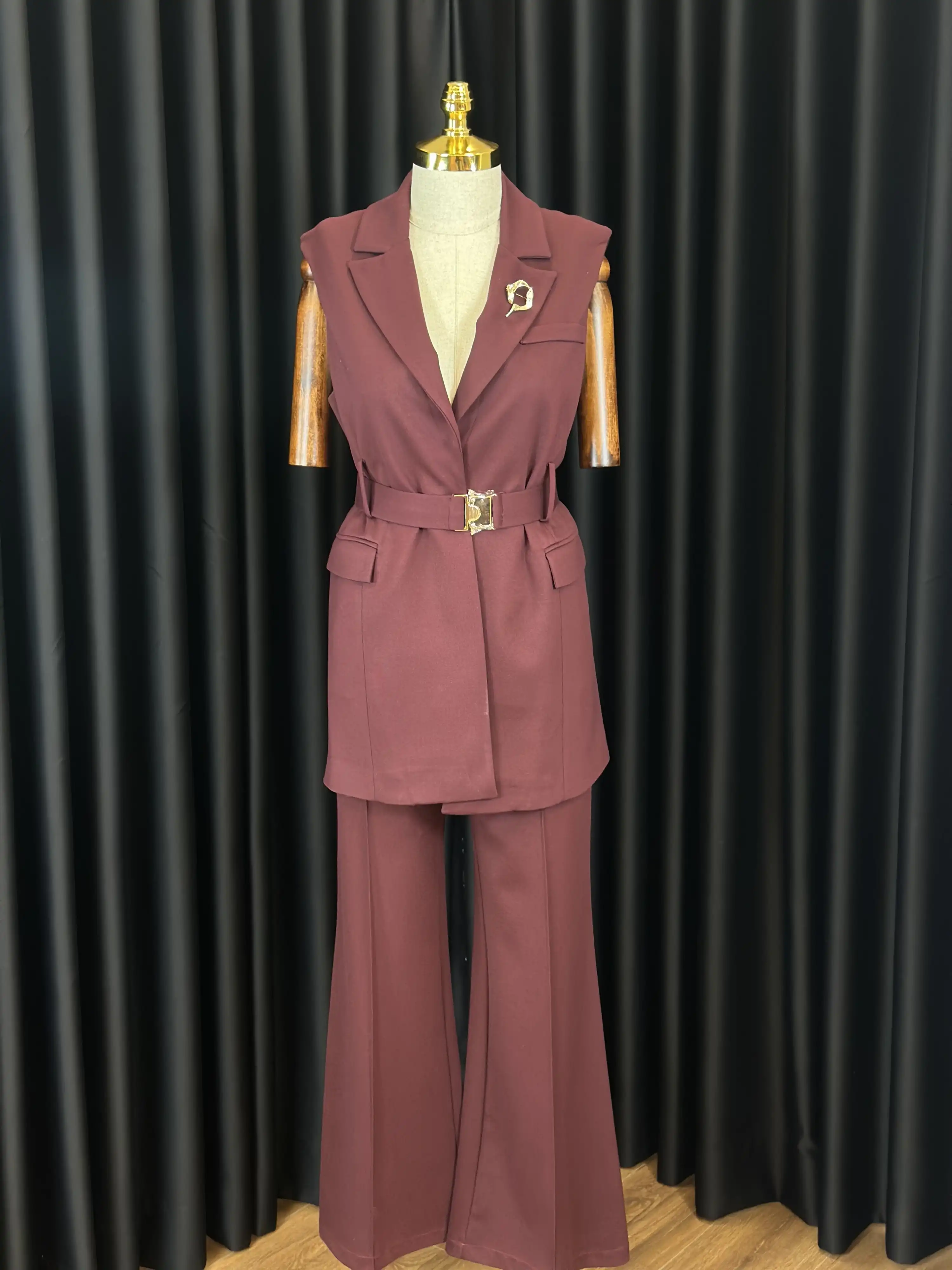 MY312 Bordo Renk Kemerli Yelekli Takım