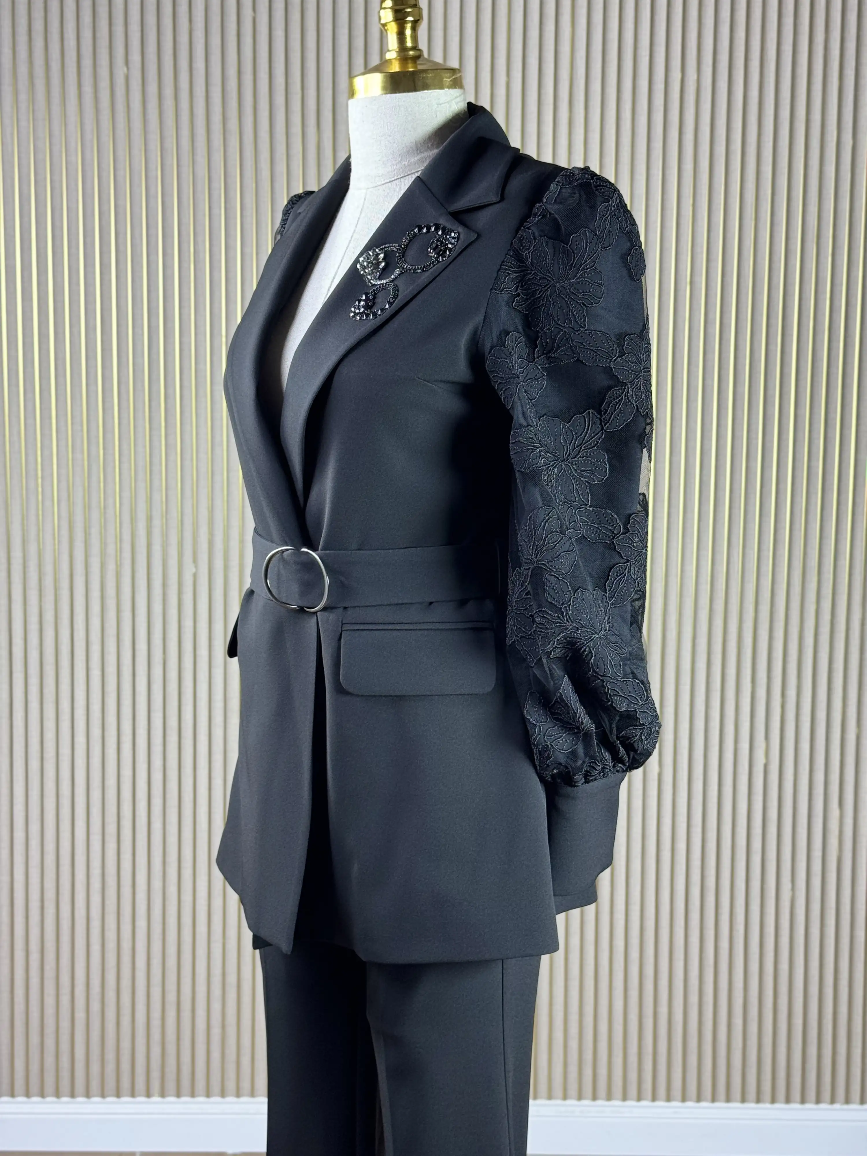 MY312 Siyah Renk Kolu Dantelli Takım