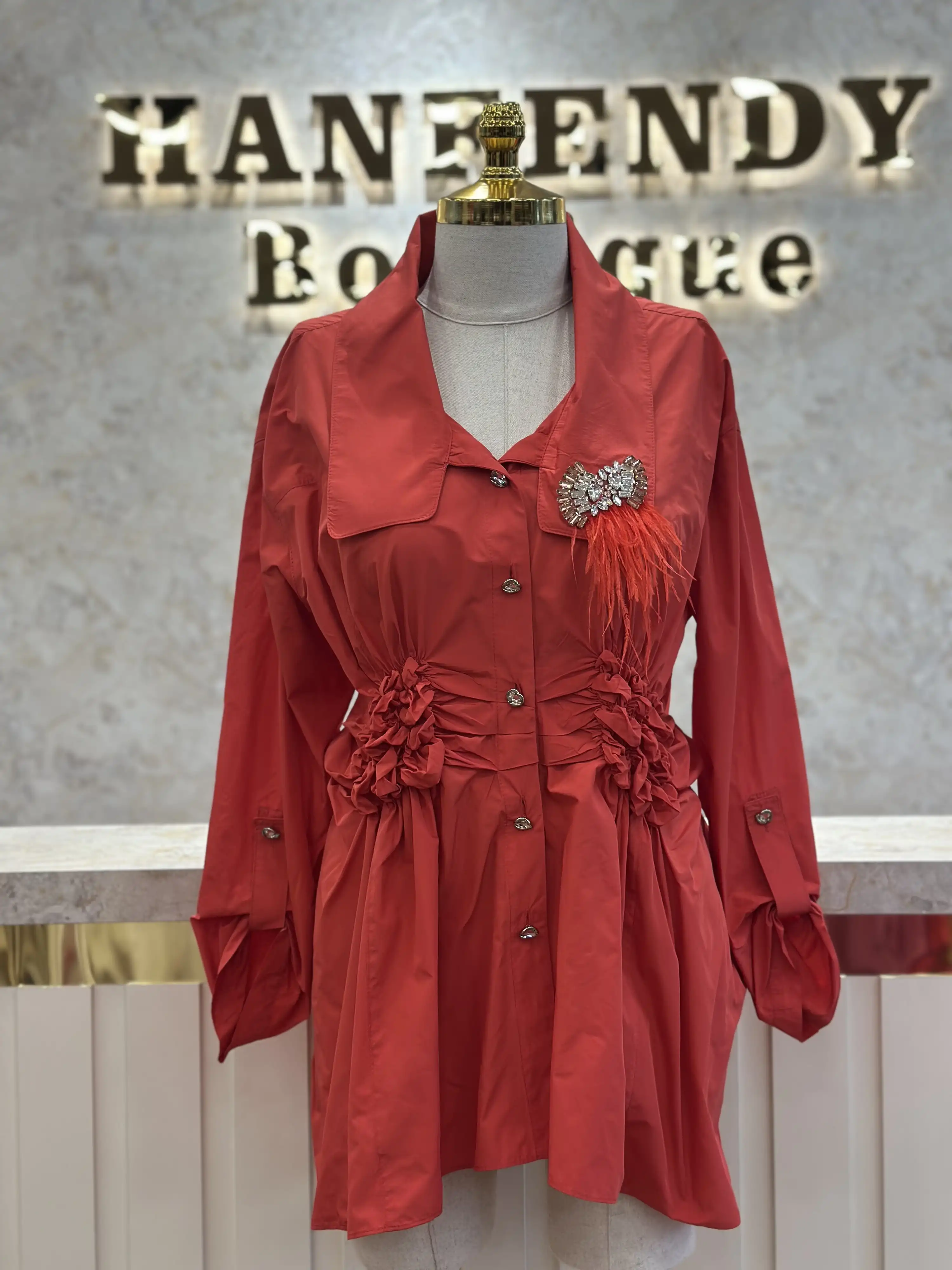 MY312 Mercan Renk Yakası Taşlı Ceket