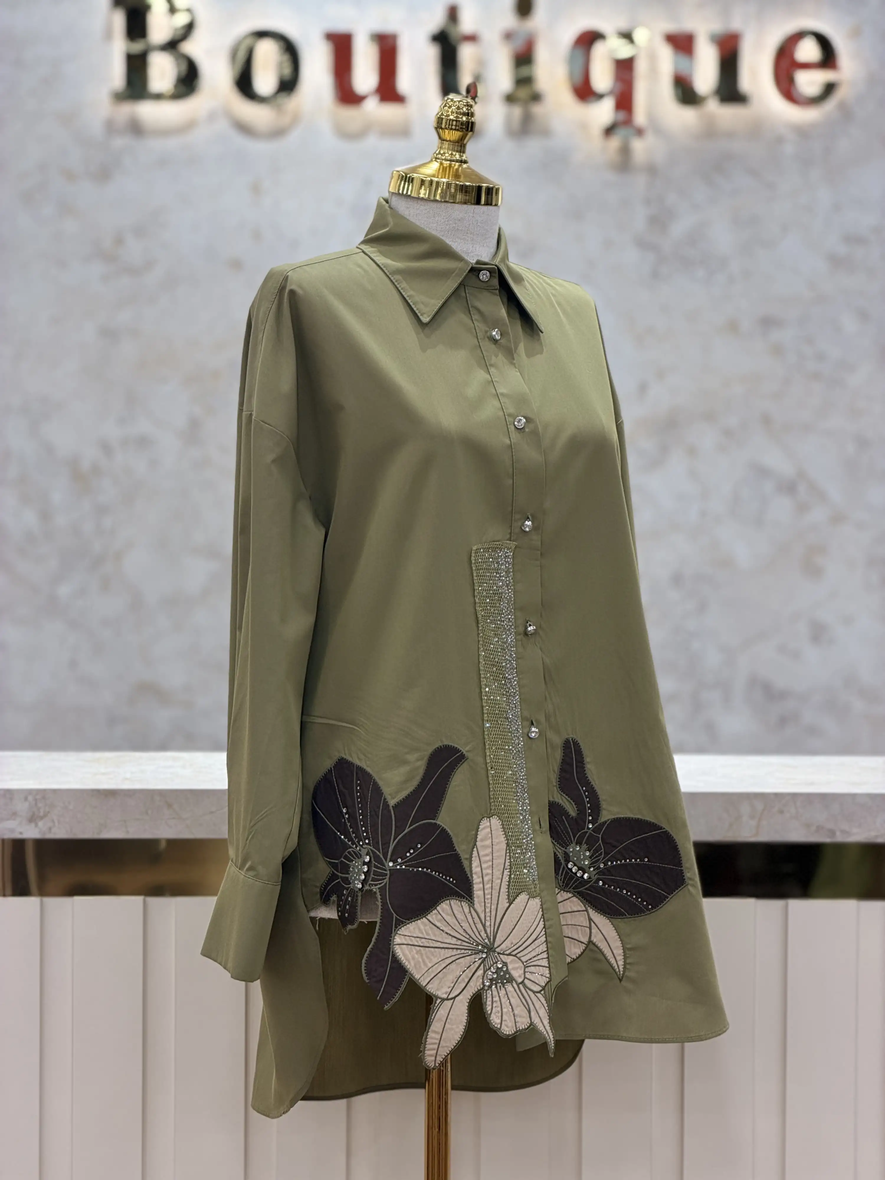 MY312 Kekik Renk Nakışlı Taşlı Gömlek