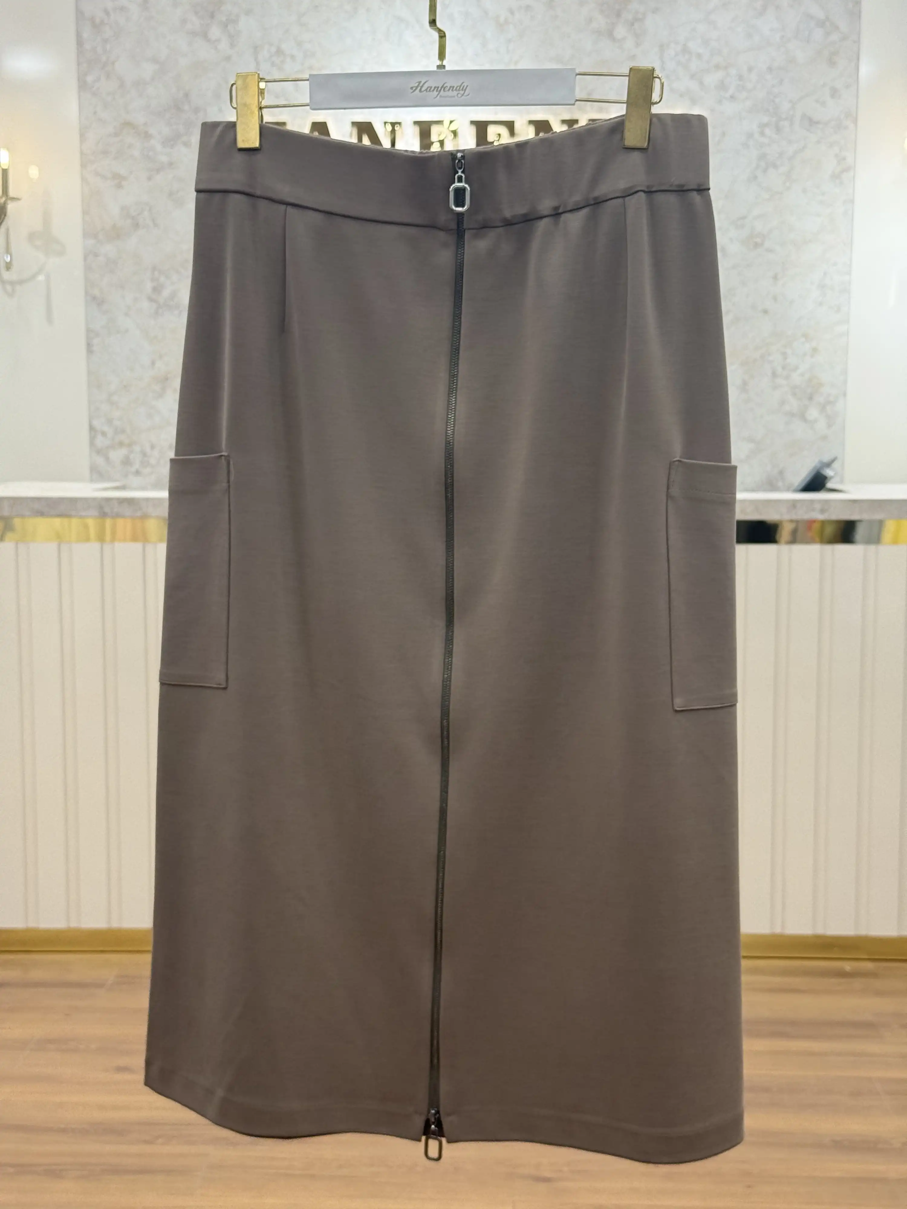 SENTEZ Camel Renk Cep Detaylı Fermuarlı Etek