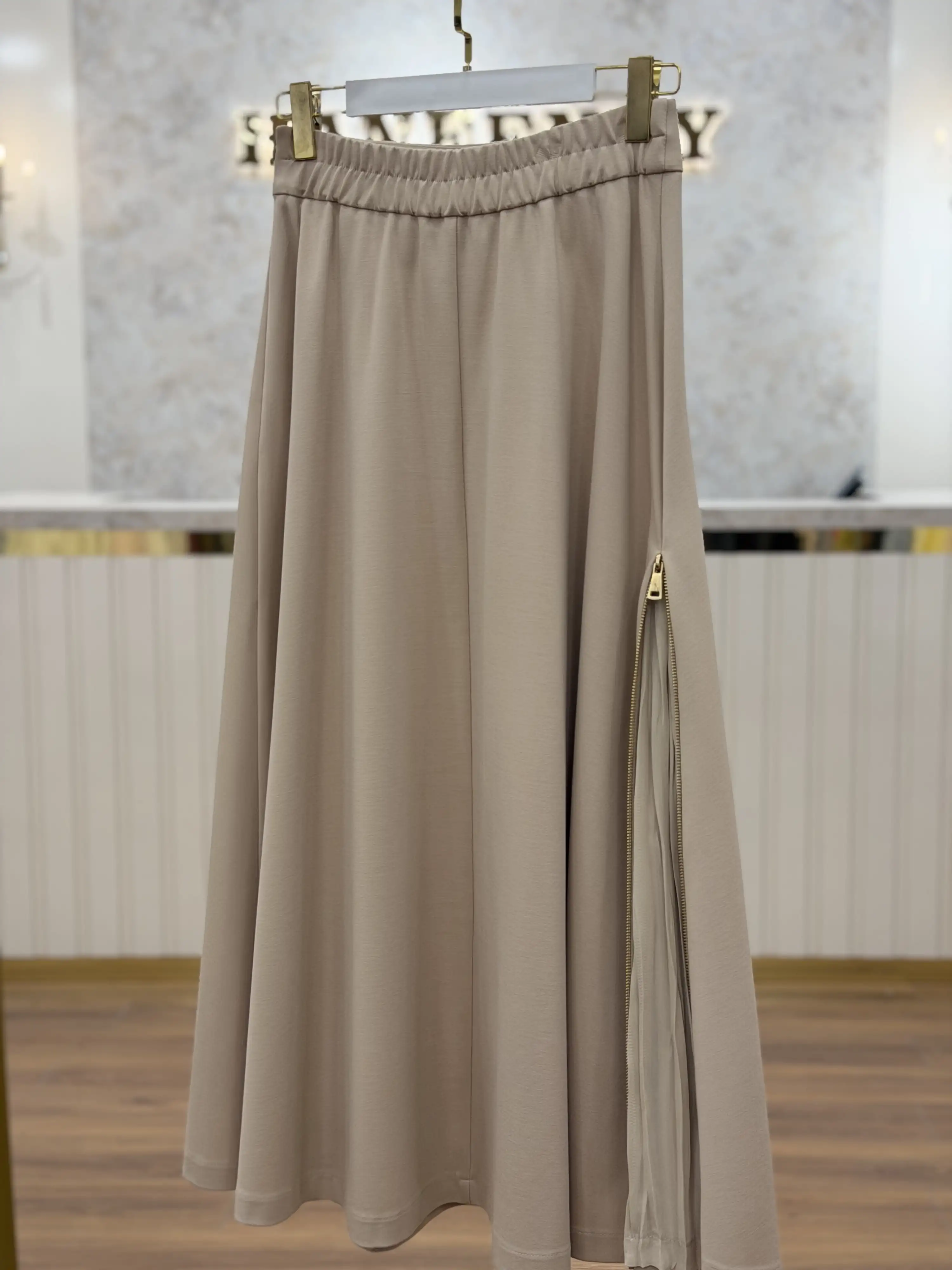 SENTEZ Taş Renk Rozie Yanı Fermuarlı Kiloş Etek