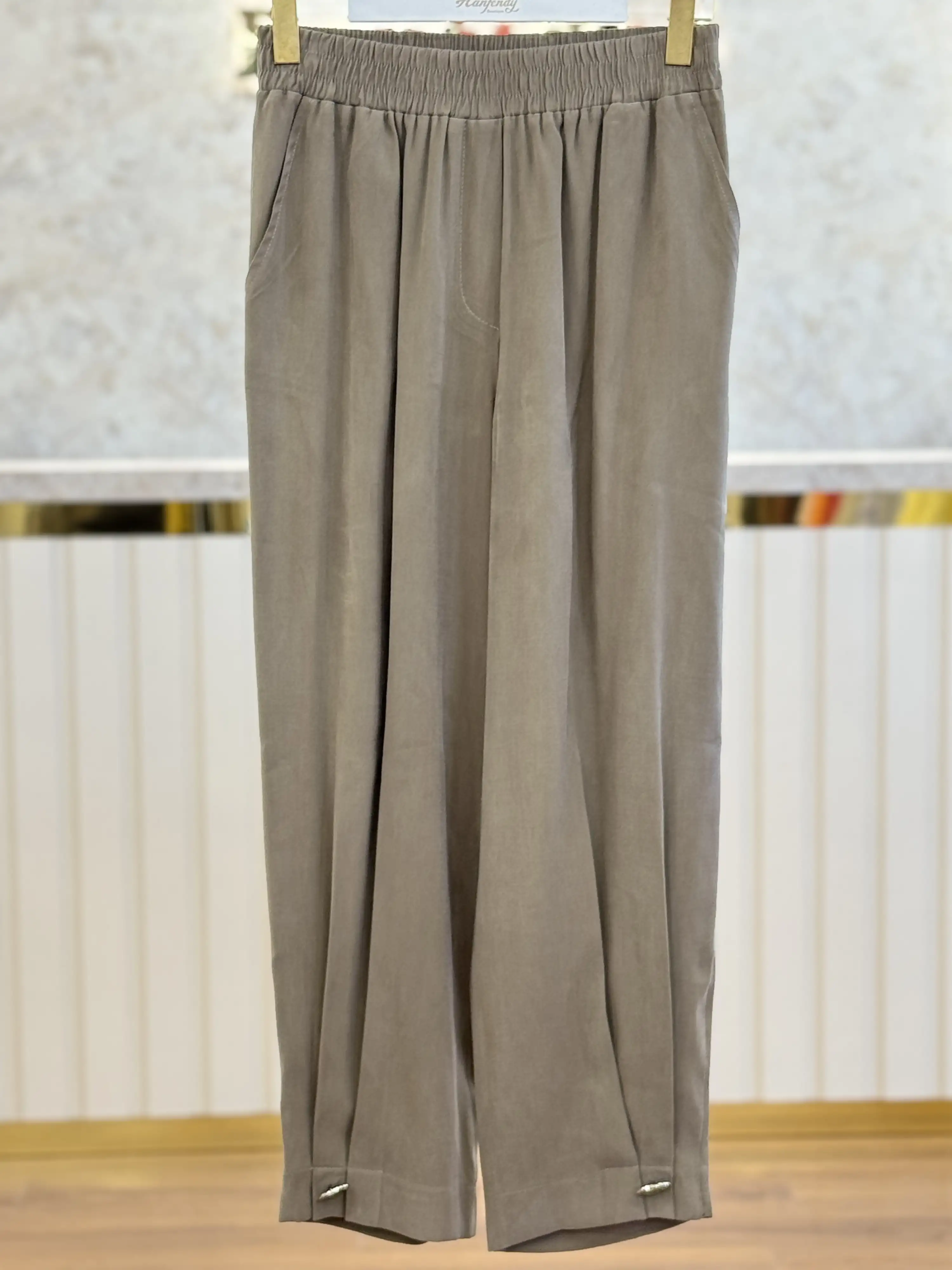 SENTEZ Haki Renk Titan Paça Pile Düğmeli Rahat Pantolon