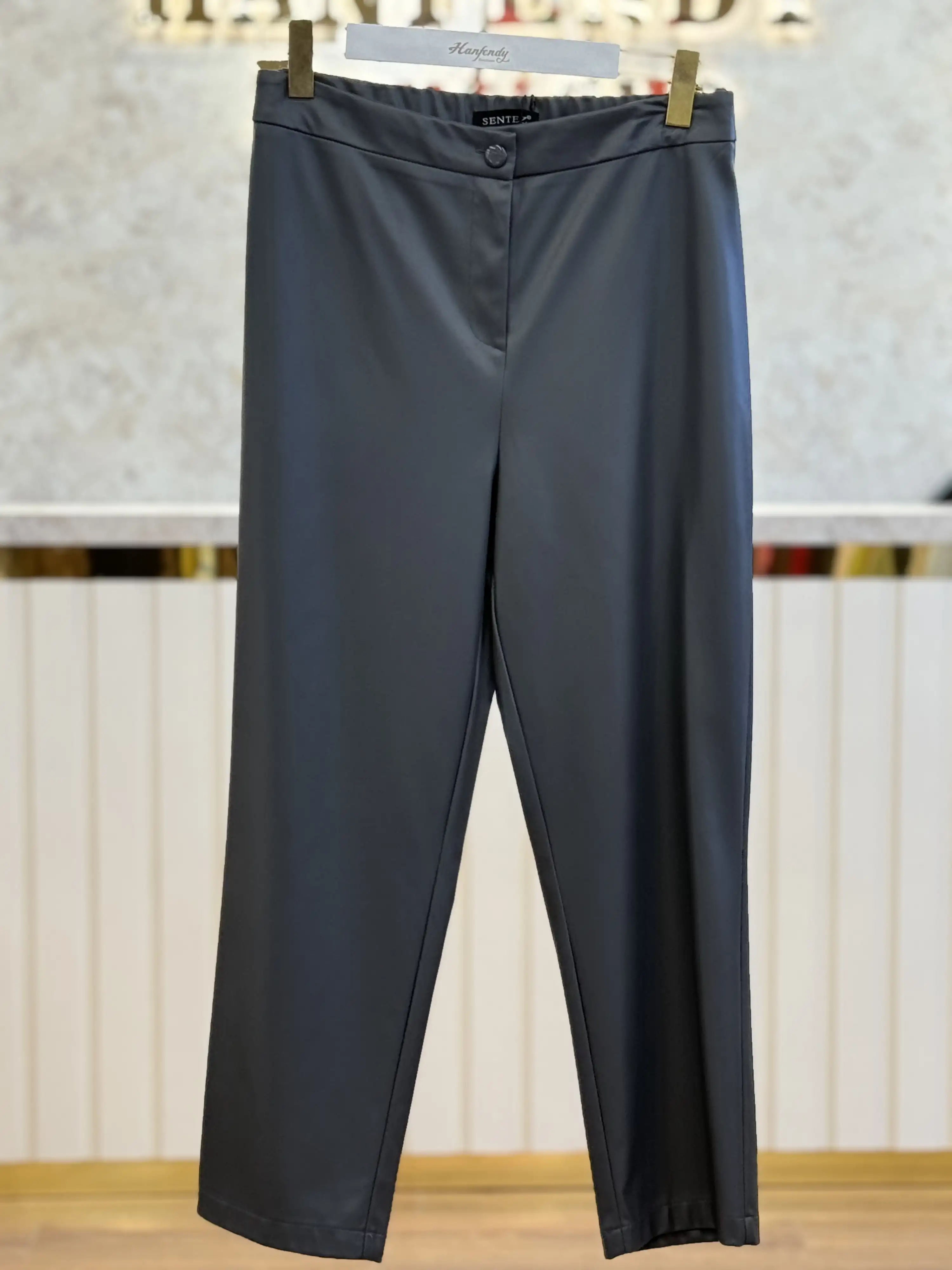 SENTEZ Gri Renk Tek Düğmeli Deri Pantolon