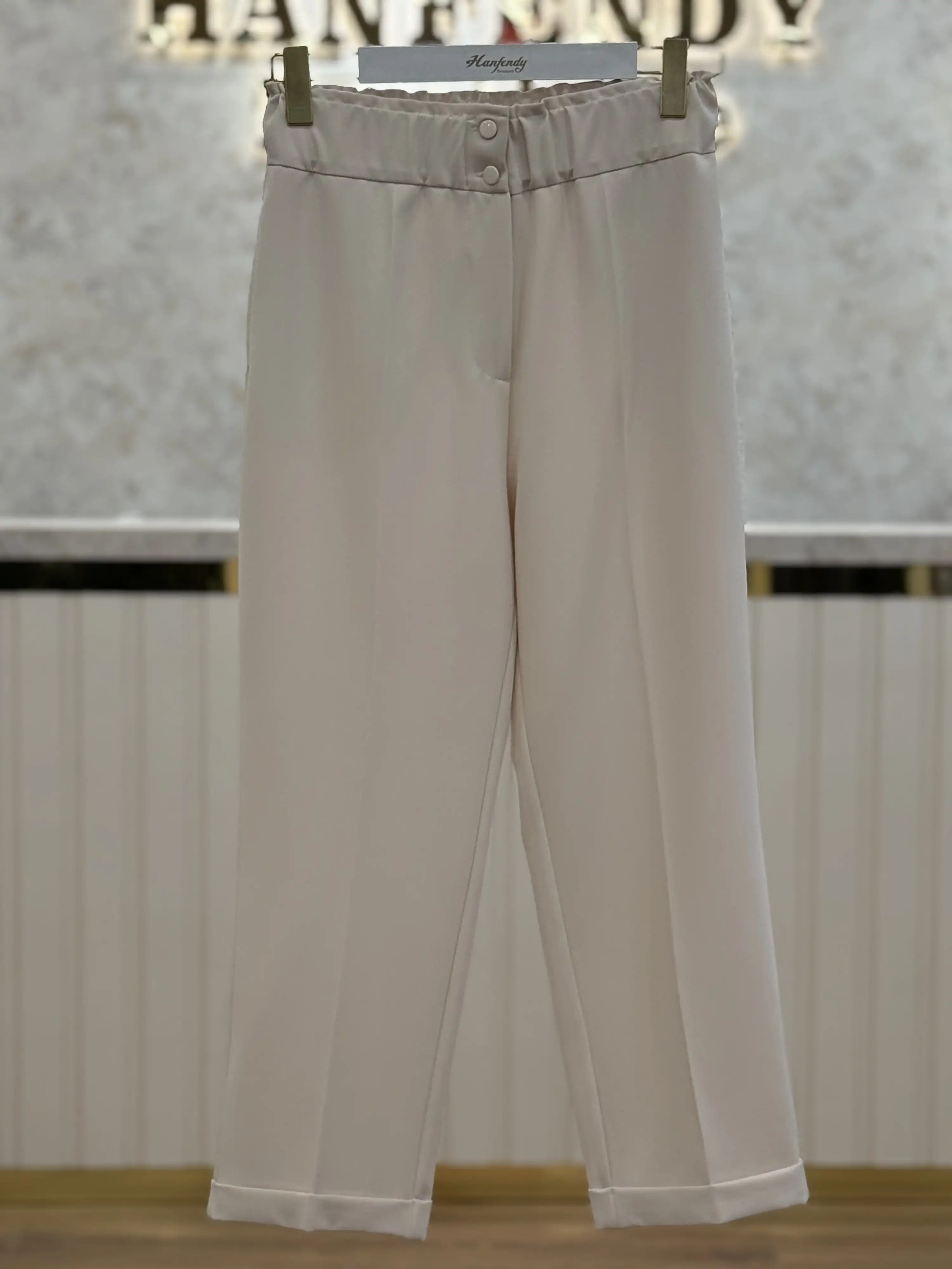 SENTEZ Taş Renk Beli Lastikli İnce Duble Paça Pantolon