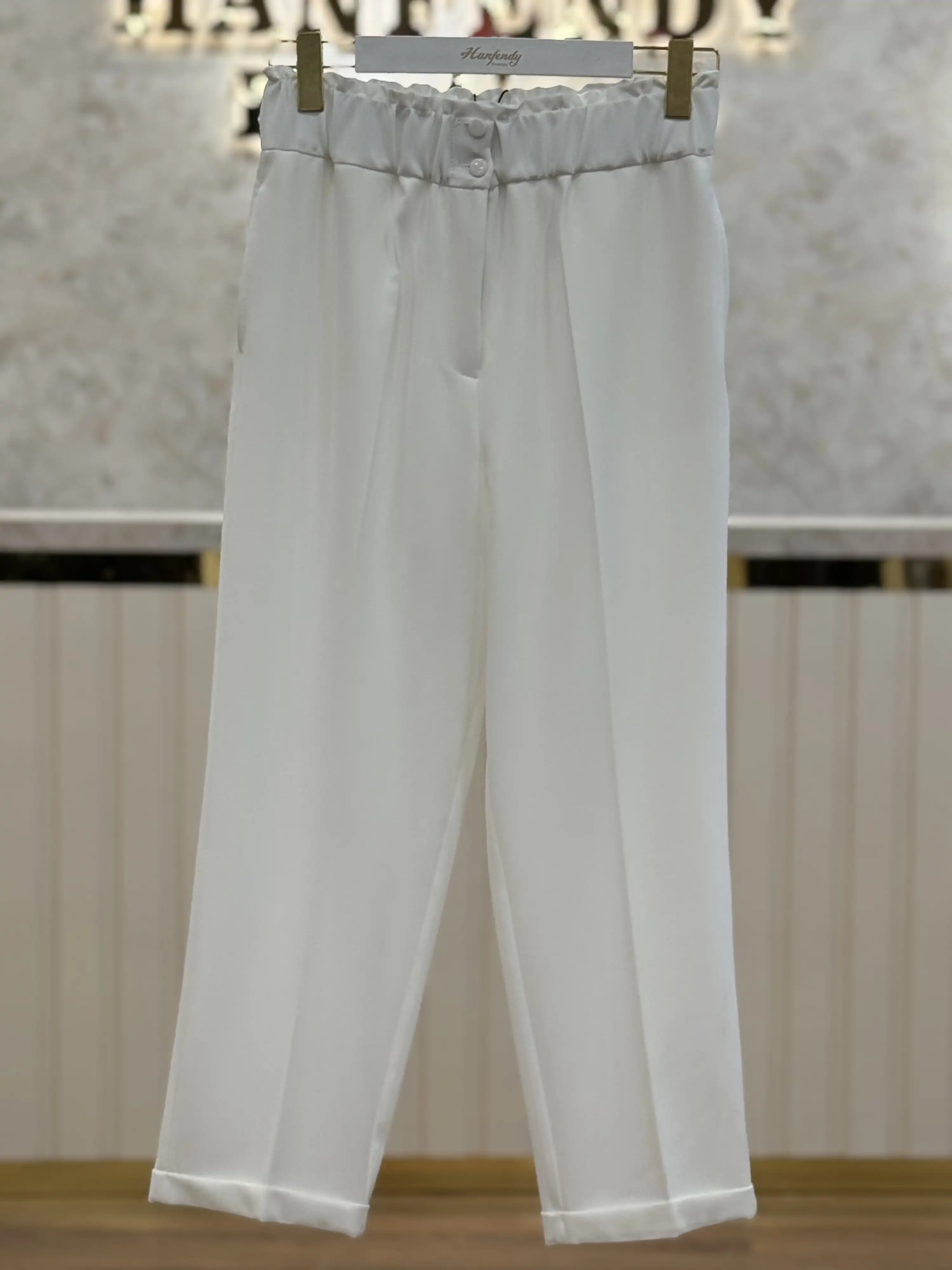 SENTEZ Beyaz Renk Beli Lastikli İnce Duble Paça Pantolon
