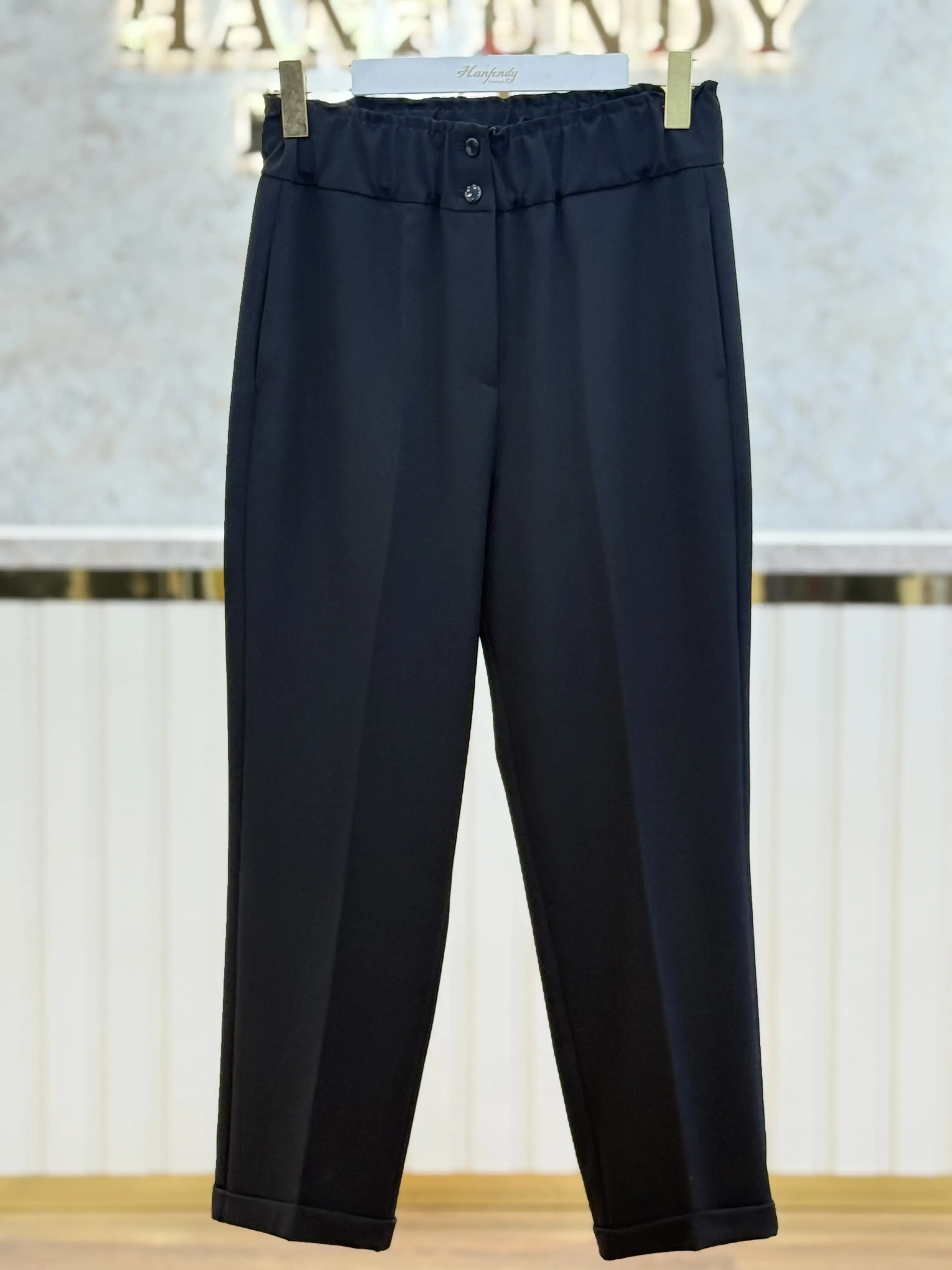 SENTEZ Siyah Renk Beli Lastikli İnce Duble Paça Pantolon